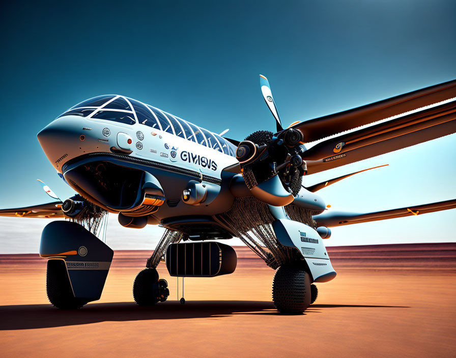 Sleek futuristic aircraft with large propellers on desert terrain