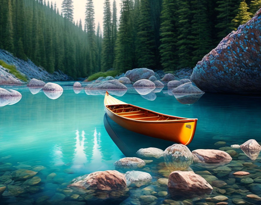 Scenic orange canoe on calm blue lake with mountain backdrop