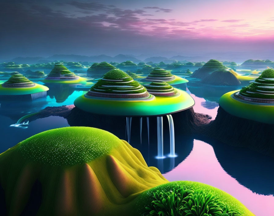 Surreal landscape with floating islands and waterfalls