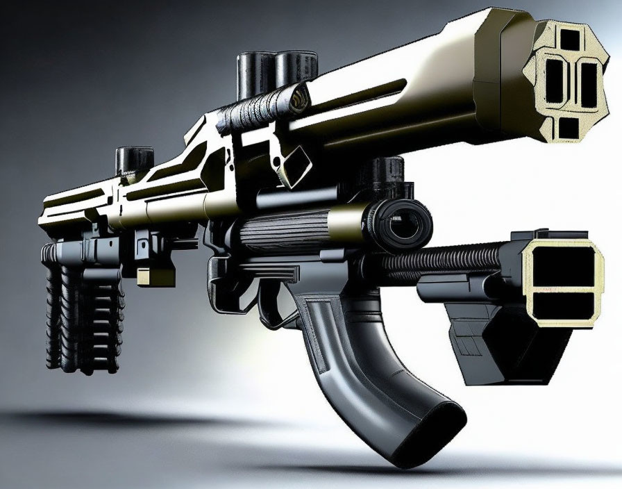 Futuristic firearm with scope, foregrip, and unique barrel design