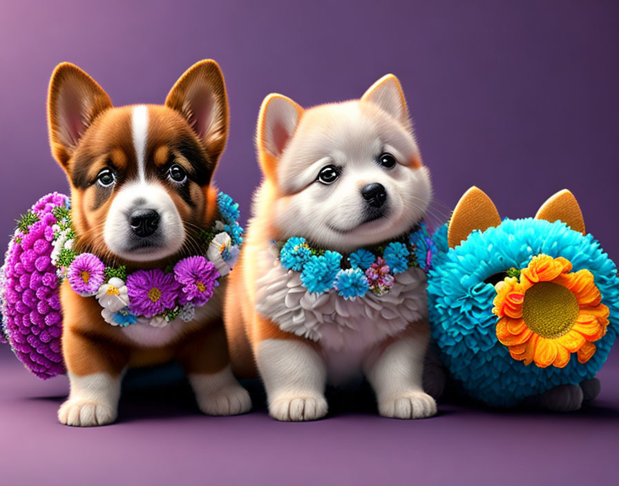 Two cute corgi puppies with floral collars on purple backdrop