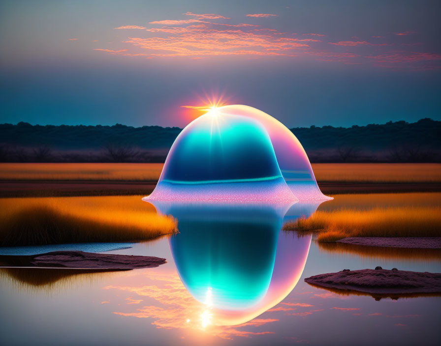 Iridescent Sphere Over Tranquil Lakeside at Sunrise/Sunset