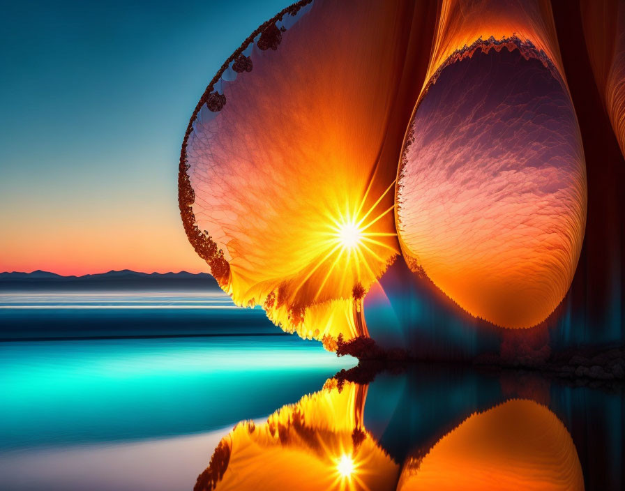 Sunrise illuminating ice cave with serene water reflection