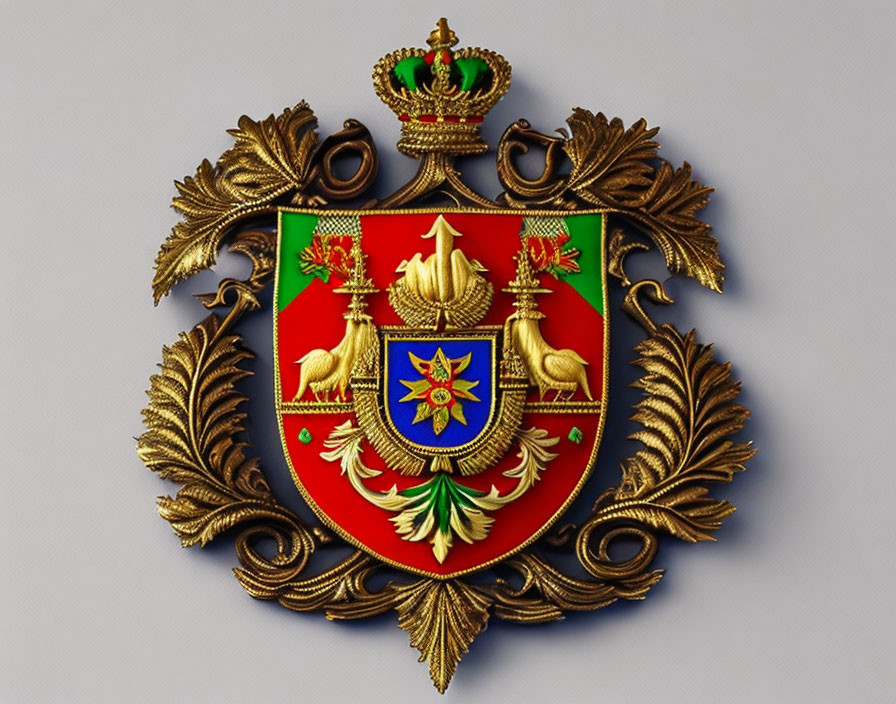 Red Shield with Fleur-de-lis, Green Emblem, Blue Star, and Golden Acanthus