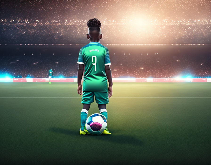 Young Soccer Player Ready on Pitch in Brightly Lit Stadium