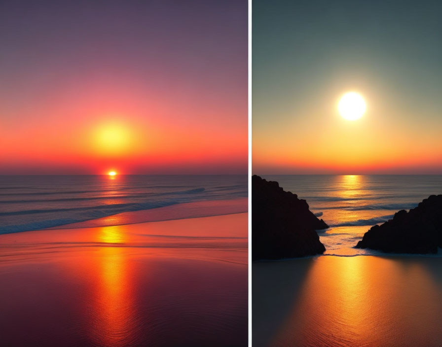 Vibrant Orange Skies Reflecting on Calm Sea at Sunrise and Sunset