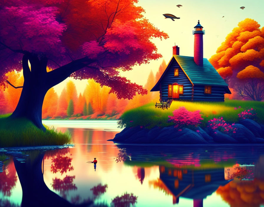 Tranquil autumn landscape with house, lighthouse, and colorful trees by lake