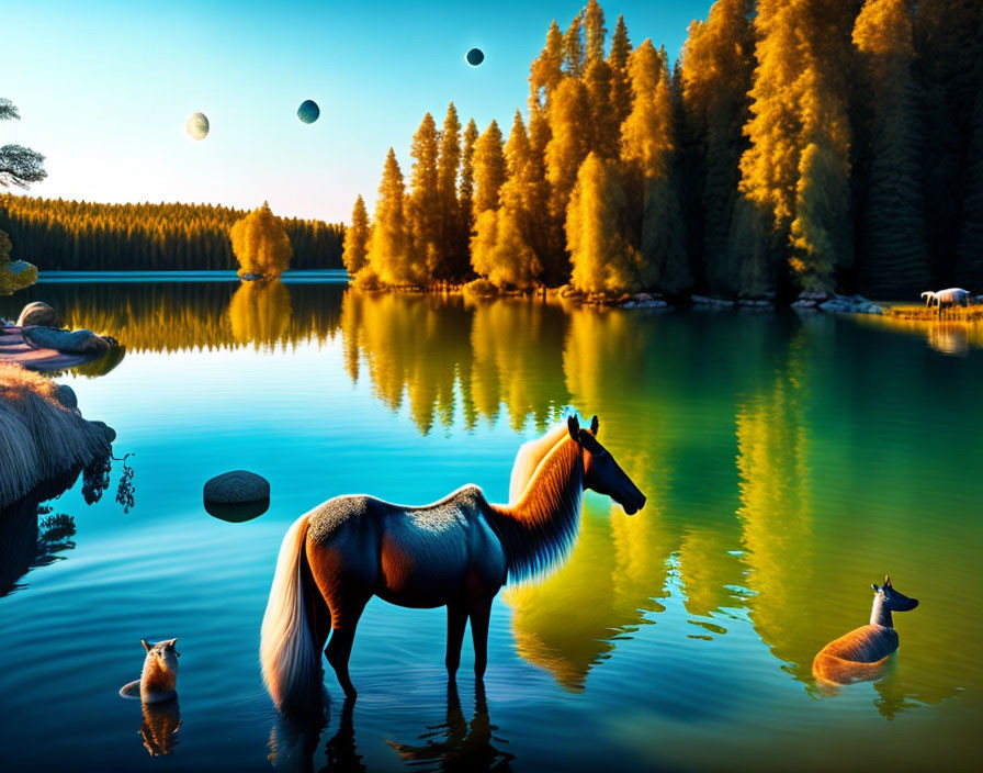 Tranquil horse in water with autumn trees and surreal sky