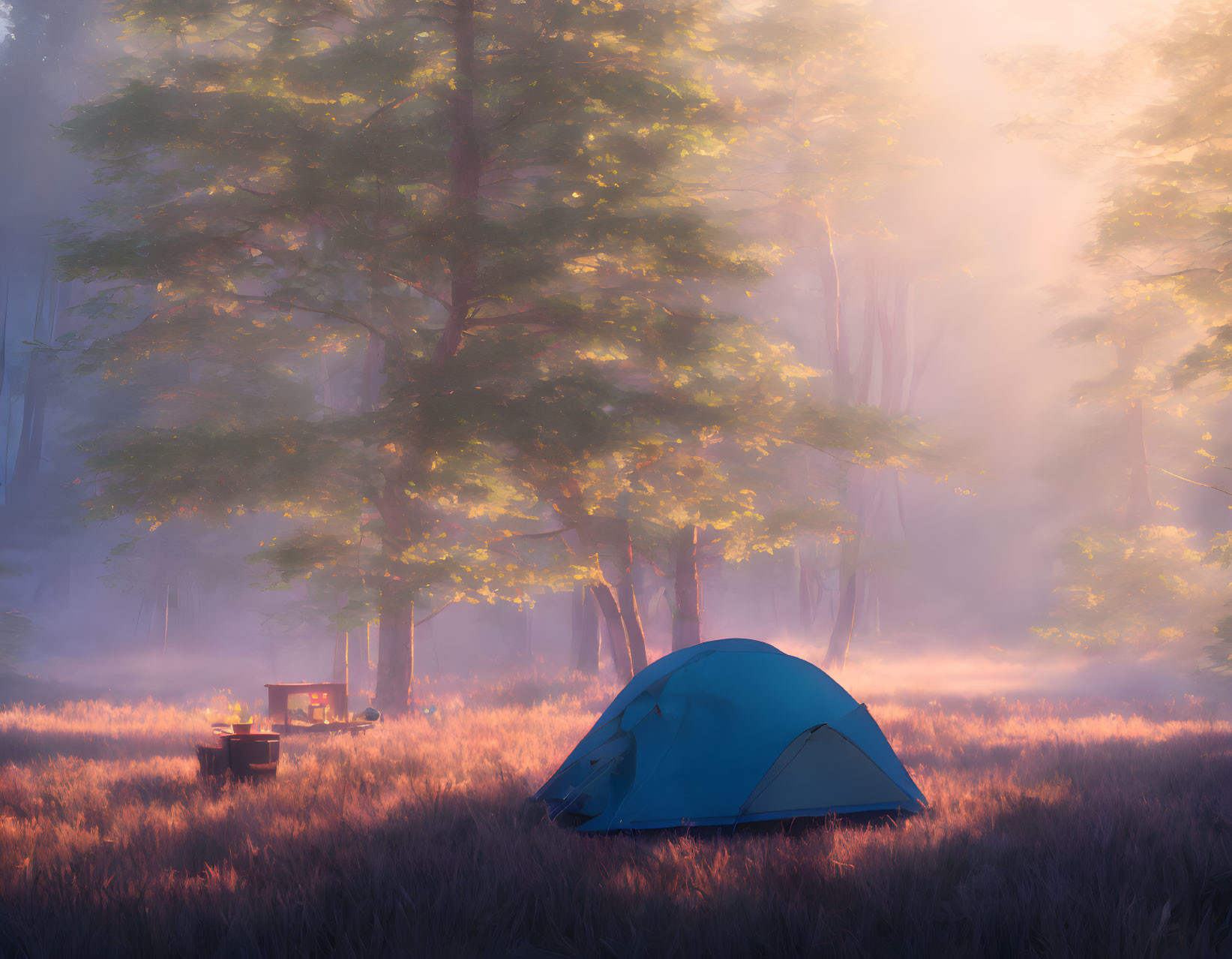 Tranquil forest scene at dawn with blue tent and camping gear