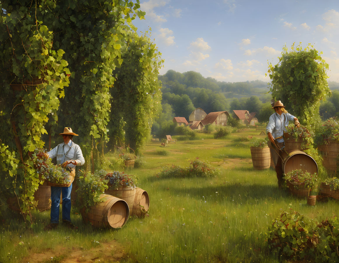 Rural grapevine tending scene with barrels and village backdrop