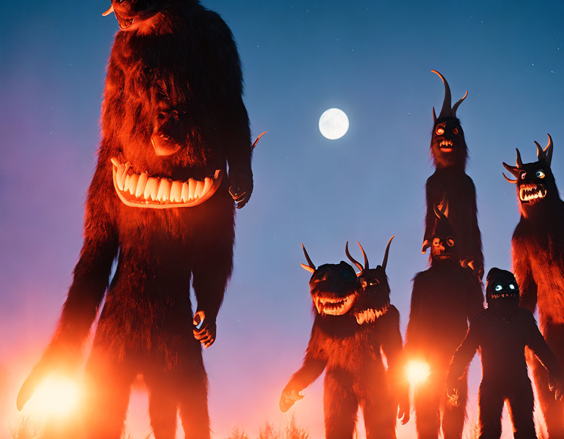 Mysterious Beast-like Figures in Ominous Night Scene