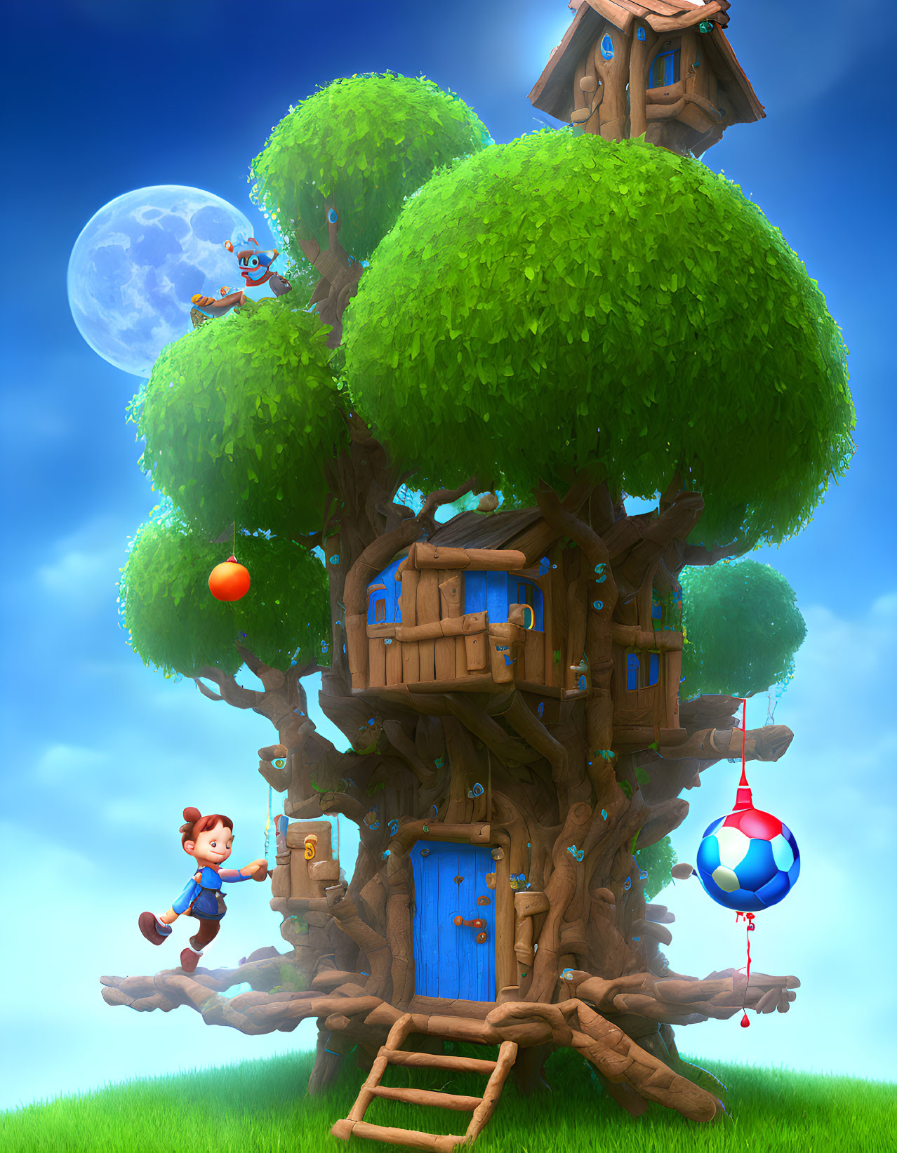 Whimsical treehouse illustration with moon, characters, and lush foliage