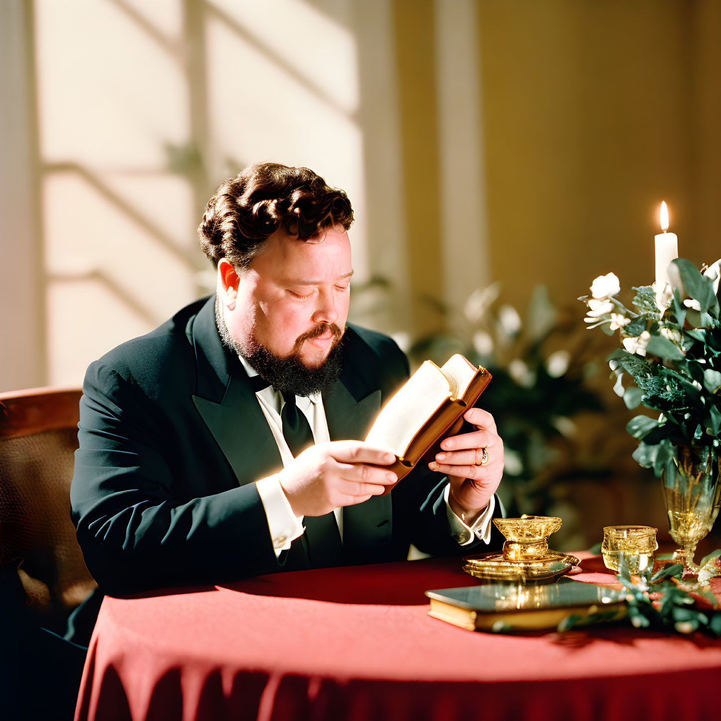 Man in tuxedo reading book at candlelit table with red cloth, brass candlesticks, and