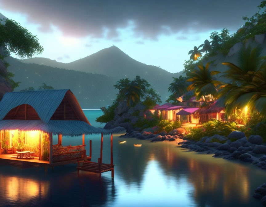 Tropical Dusk Scene with Overwater Bungalows & Palm Trees