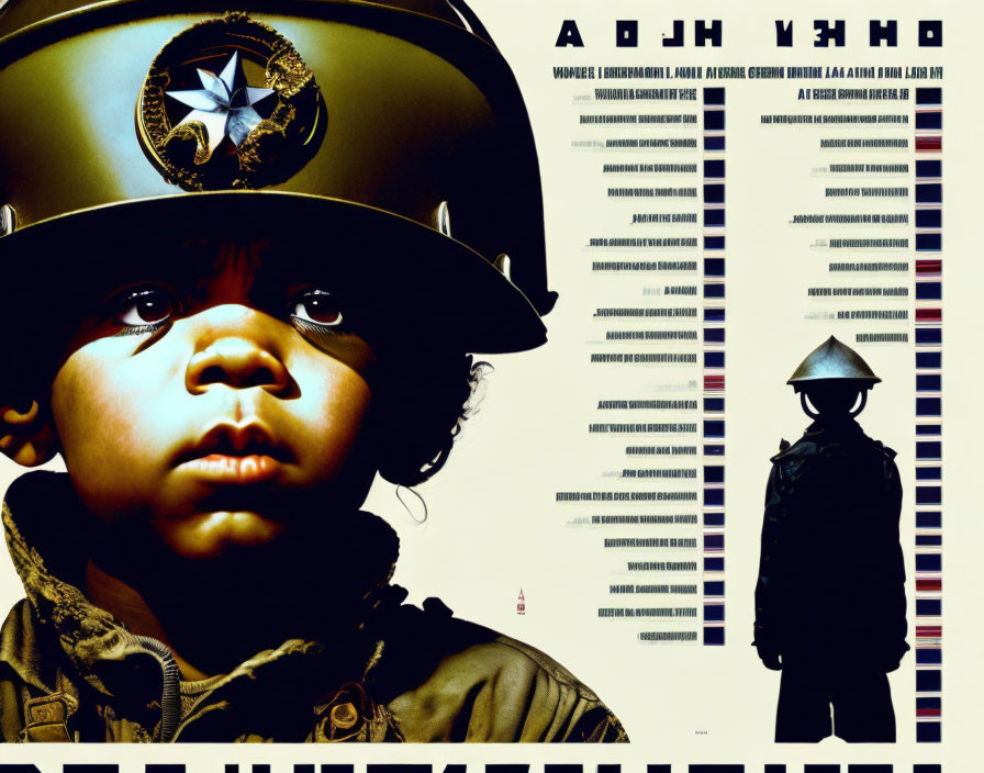 Child in large military helmet with star emblem, somber expression, text and silhouettes in background