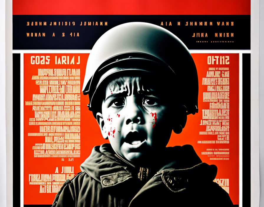 Distressed child in military helmet amidst war-themed backdrop