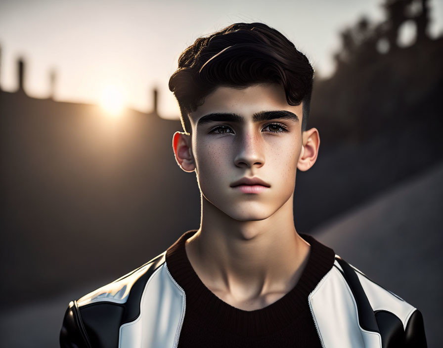 Portrait of young male with dark hair in sunset backlight