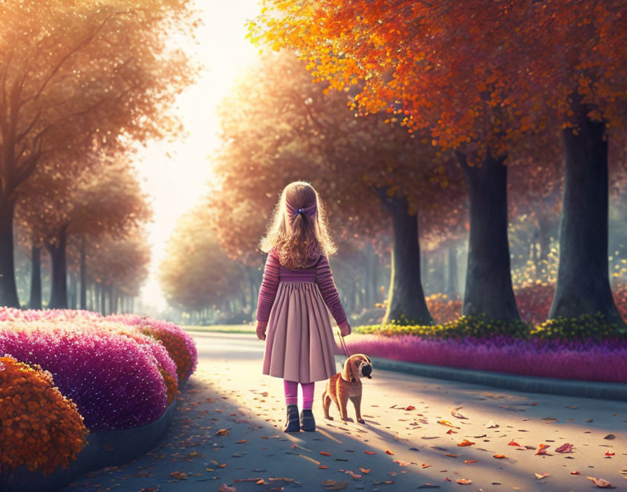 Young girl in purple dress walking small dog on tree-lined pathway in warm autumn light