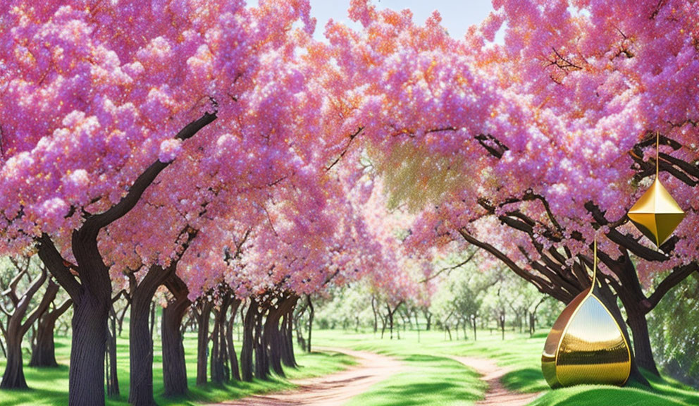 Tranquil path with pink cherry blossom trees and golden futuristic structure