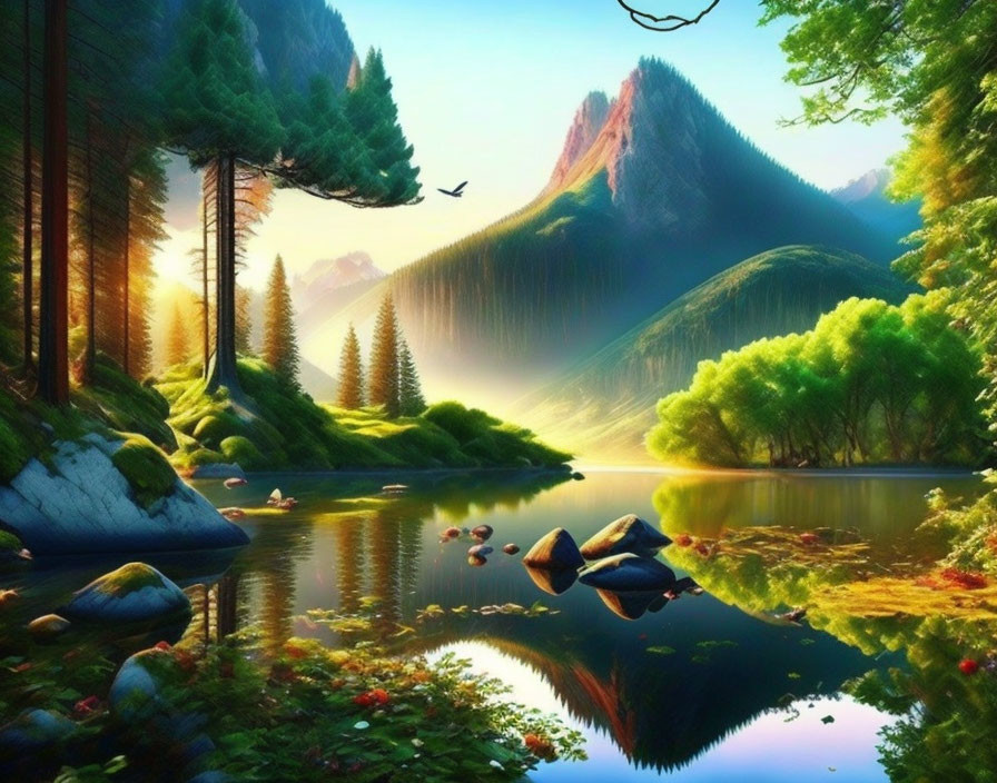 Tranquil landscape with reflective lake, soaring trees, lush greenery, sunlight, distant mountain