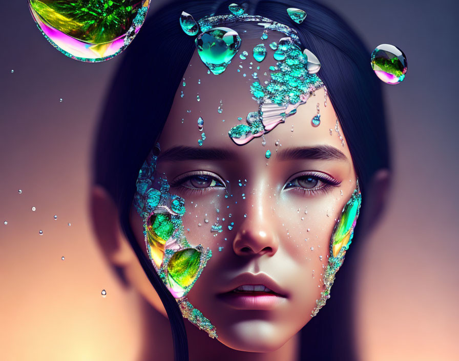 Surreal portrait of young woman with water and bubbles on gradient background