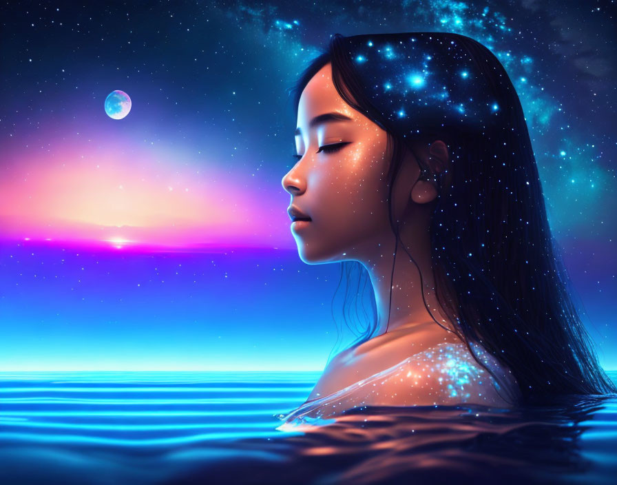 Illustration of woman with starry hair in cosmic sunset by tranquil sea