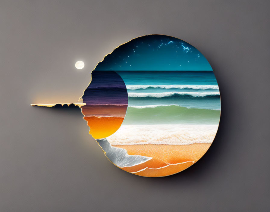 Circular Beach Scene Transitioning Day and Night on Grey Wall