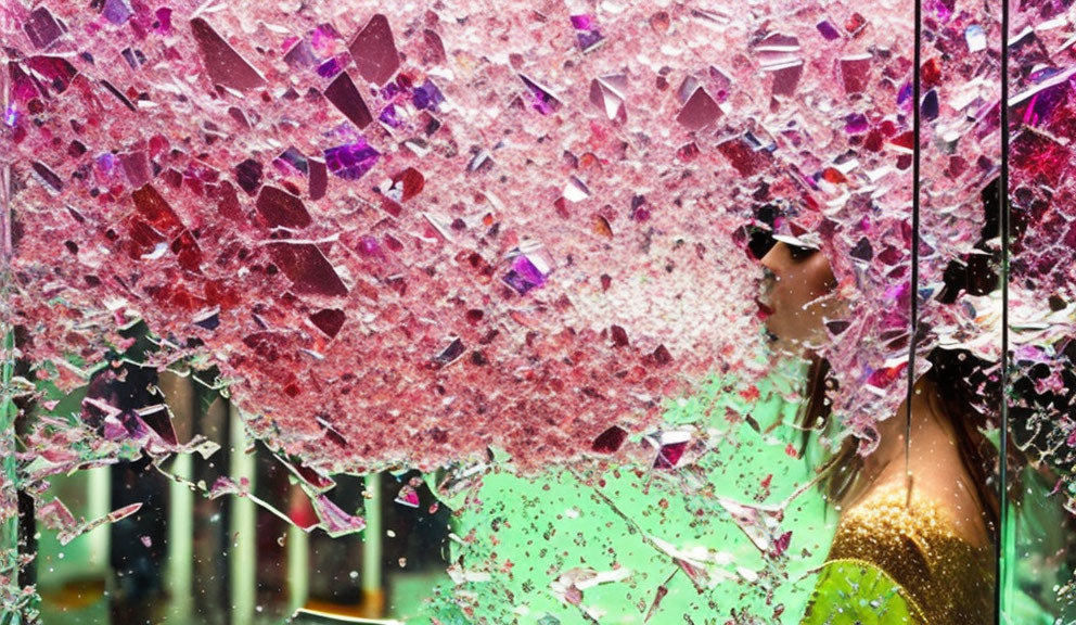 Abstract art: Woman beside shattered pink glass, creating dynamic motion.