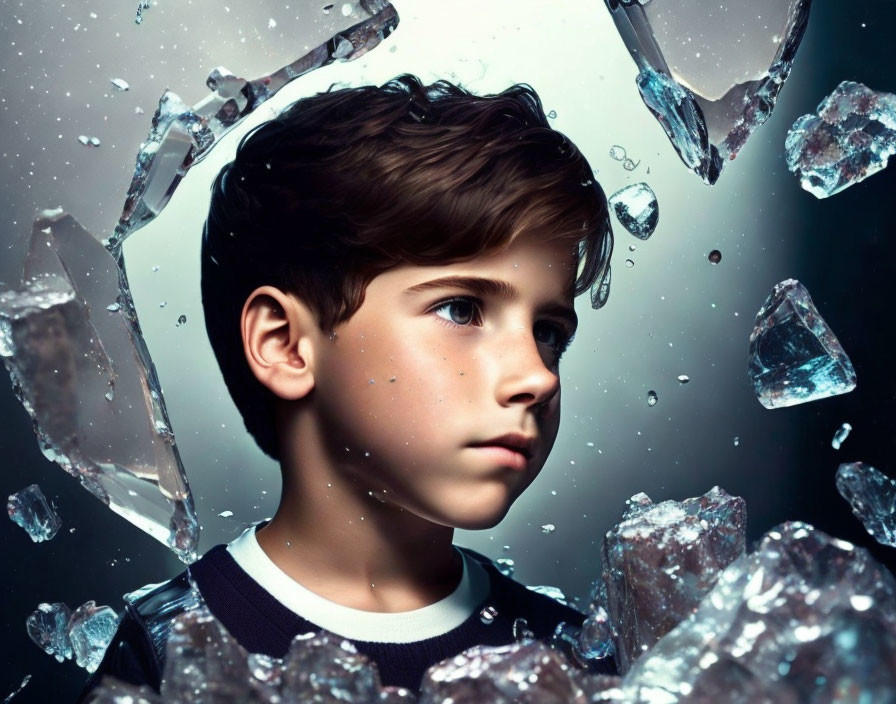 Contemplative young boy amidst suspended shattered glass pieces