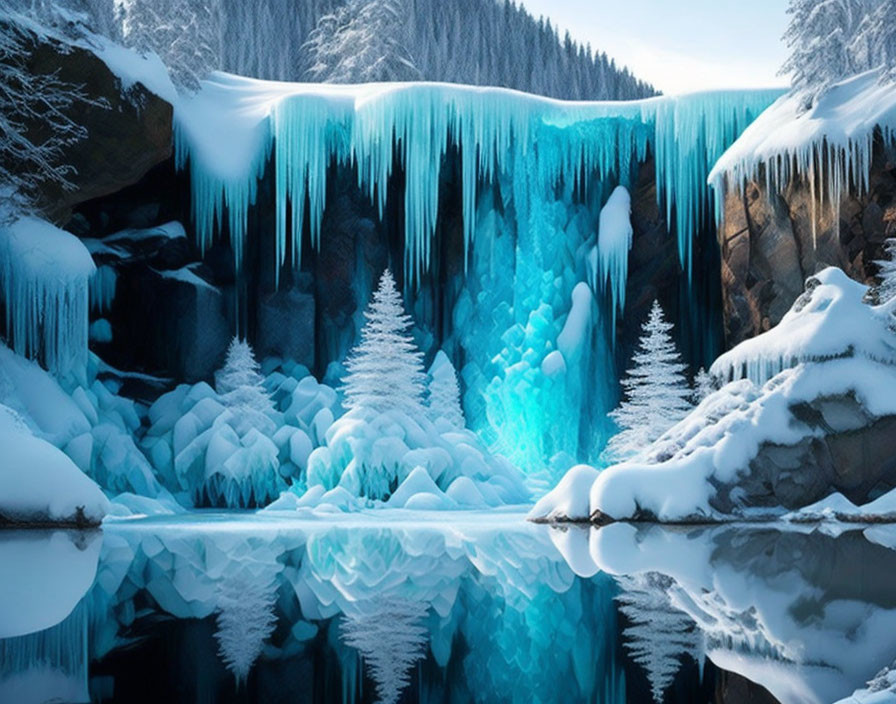 Tranquil winter landscape with icy waterfalls and snowy trees