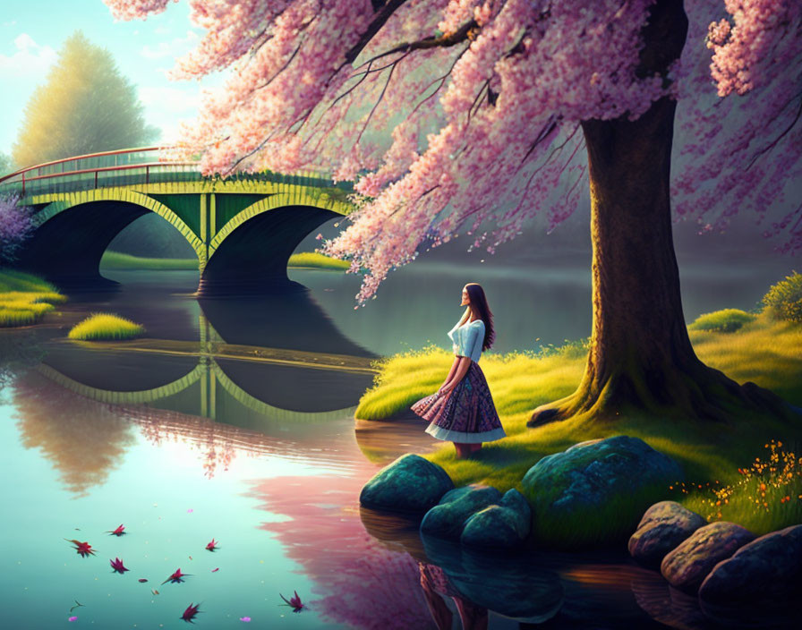 Woman by reflective pond with cherry trees and bridge.