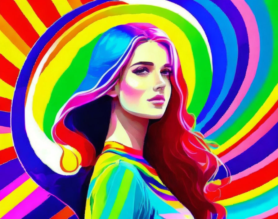 Colorful digital artwork: Woman with flowing hair in front of rainbow circles