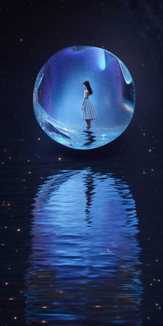 Woman in dress inside transparent sphere above water at night