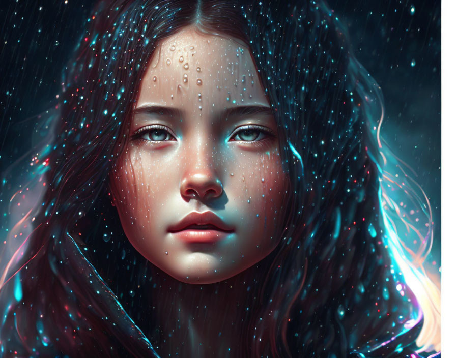 Digital Artwork: Girl with Luminescent Specks and Water Droplets