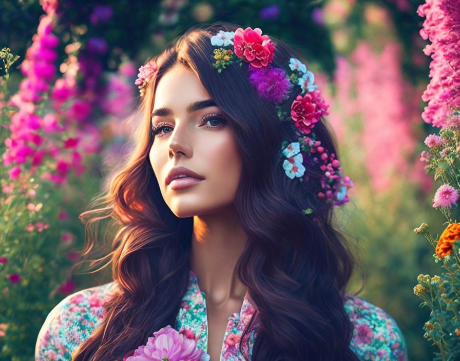 Woman in floral headband and print dress among vibrant flowers