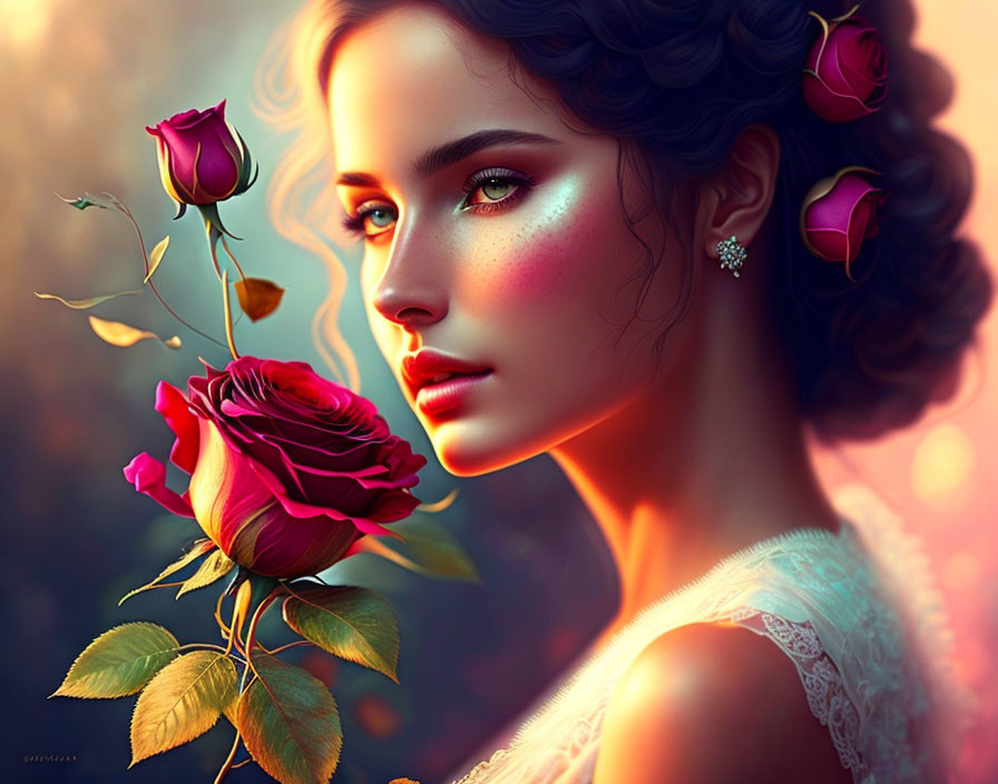 Woman with radiant skin and red rose in dreamlike digital artwork