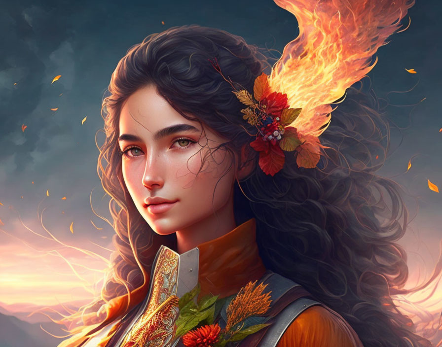 Digital artwork: Woman with long, curly hair, flowers, ethereal flames, and autumn leaves.