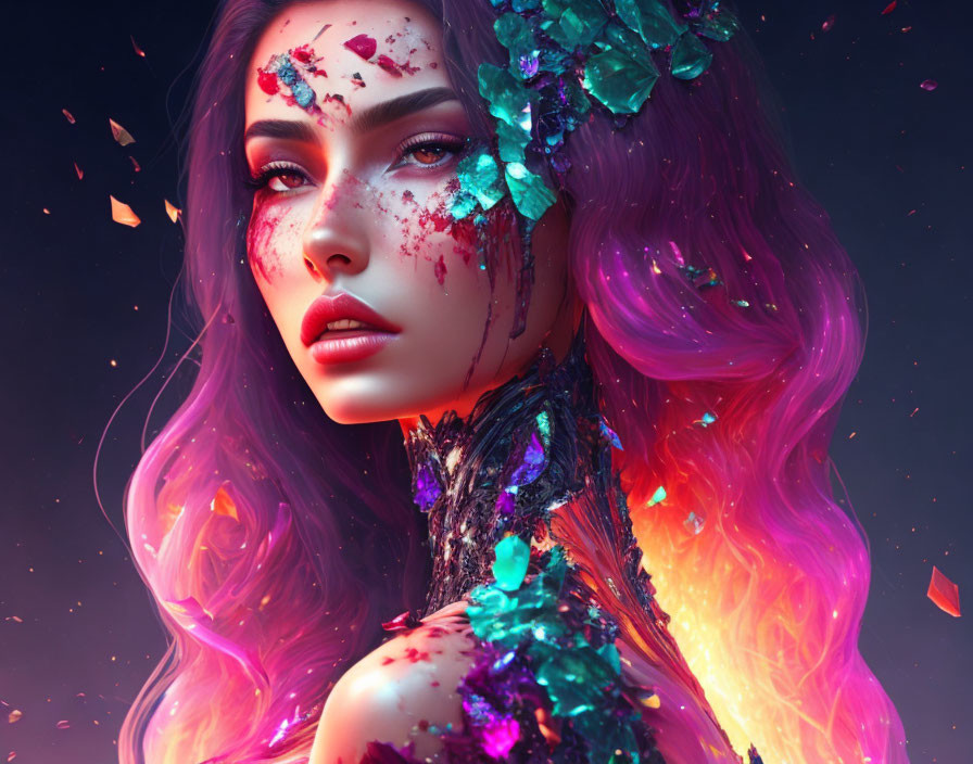 Digital artwork: Woman with purple hair and crystal fragments on face in violet backdrop