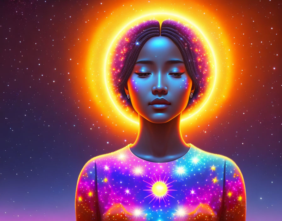 Vibrant galaxy-themed digital artwork of a woman in cosmic colors