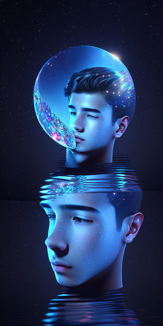 Digital artwork: Young person with cosmos brain reflecting in water under starry night.