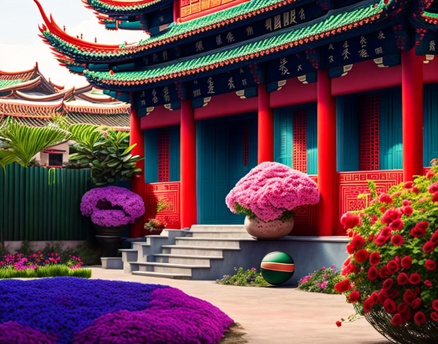 Vibrant Traditional Chinese Architecture with Floral Decor and Ball