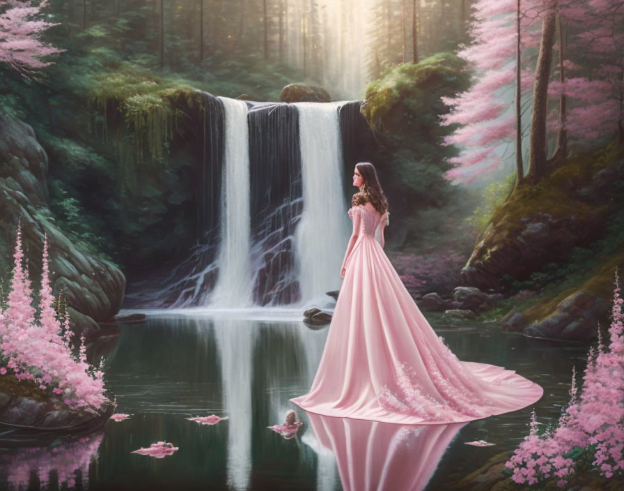 Woman in pink gown by serene lake with waterfall and blossoming trees