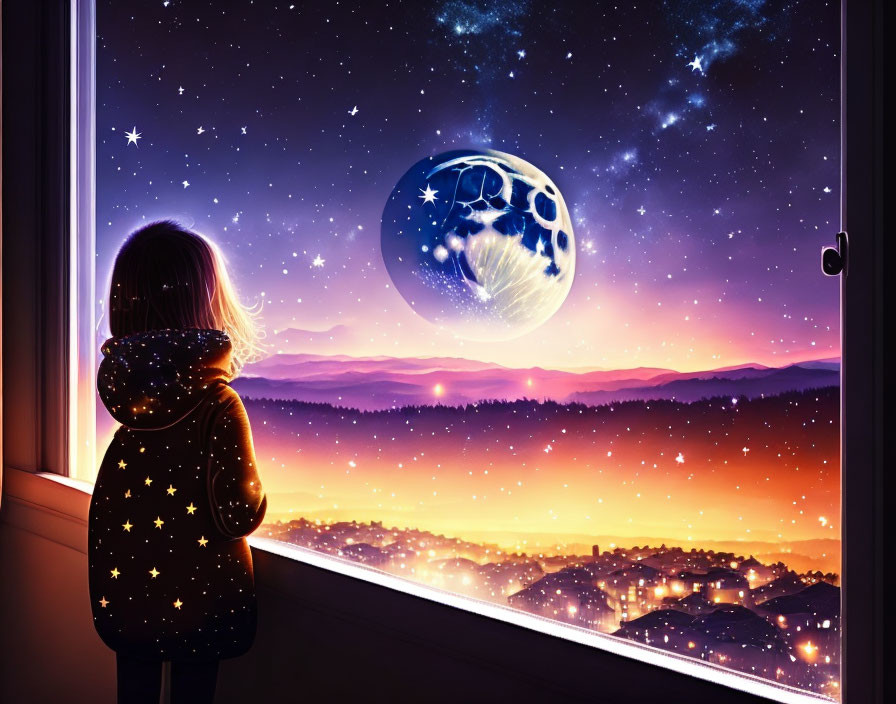 Young girl in star-patterned outfit gazes at fantastical moon over twilight landscape