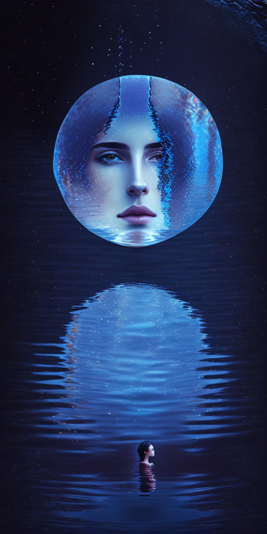 Surreal close-up of a woman's face in circular frame reflected in dark waters under starry