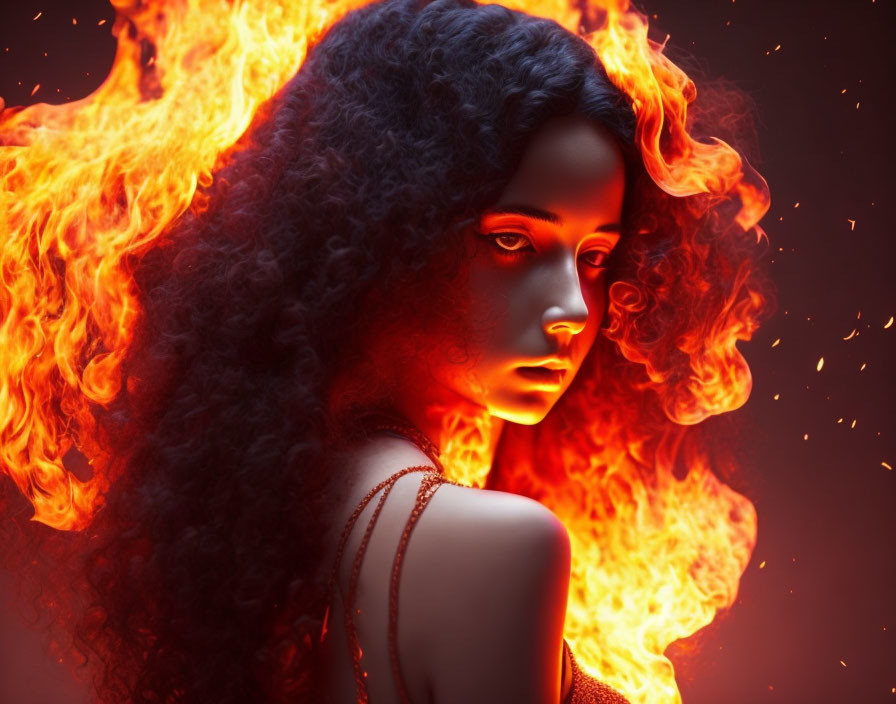 Curly-haired woman with fiery background in warm tones