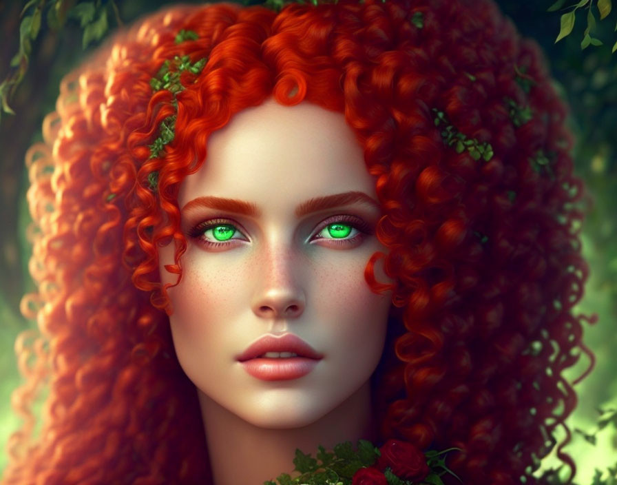 Vibrant red hair woman with green eyes and ivy, digital portrait