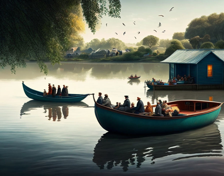 Tranquil lake with rowboats, floating house, lush trees, and birds in golden-hour light