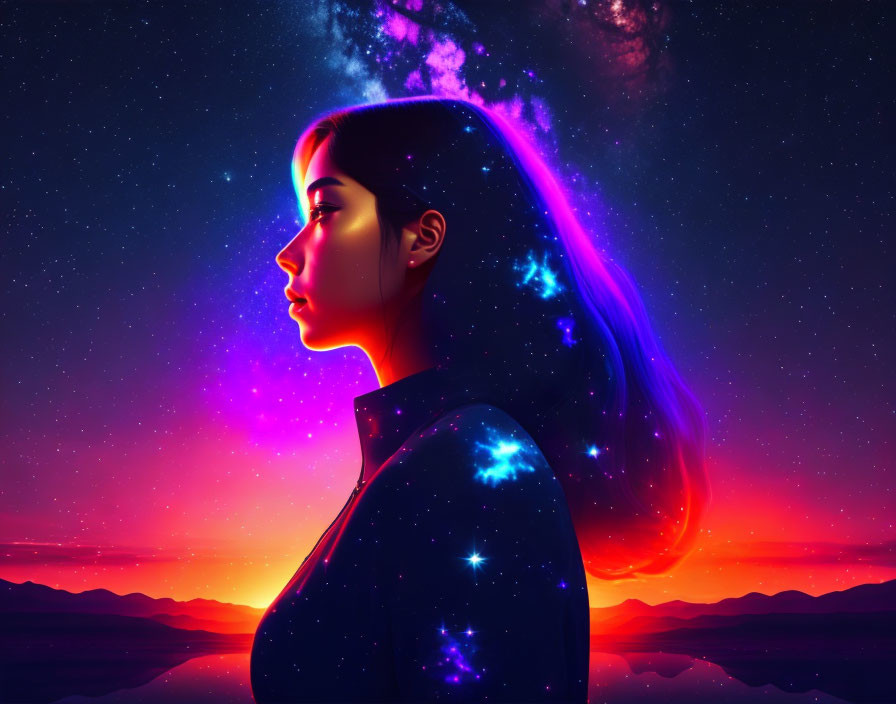 Woman's Profile Blending with Cosmic Sky and Sunset Landscape