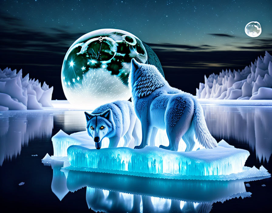 Two wolves on ice floe under starry sky with glowing moon.