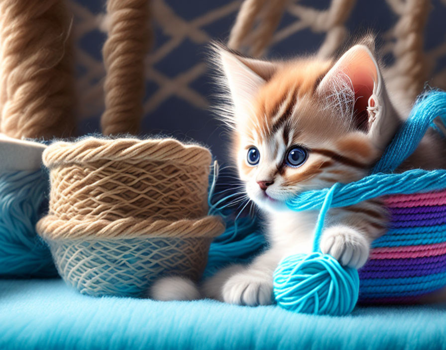 Adorable kitten with blue eyes playing with yarn and rope on blue background